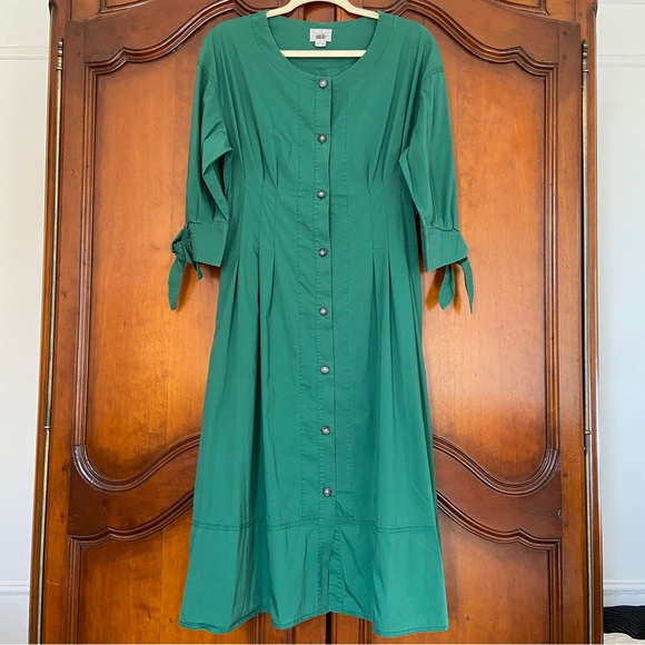 Grey Jason Wu Kelly Emerald Green Midi Button Front Shirt Dress | Size 10 - Picture 5 of 13